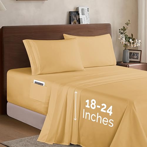"Elegant Comfort - Luxury 1500 Premium Microfiber 4 Piece Bed Sheet Set - Soft Elastic 18"" to 24"" Deep Pocket Extra Deep Pocket Bed Sheets Full, Camel-Gold"