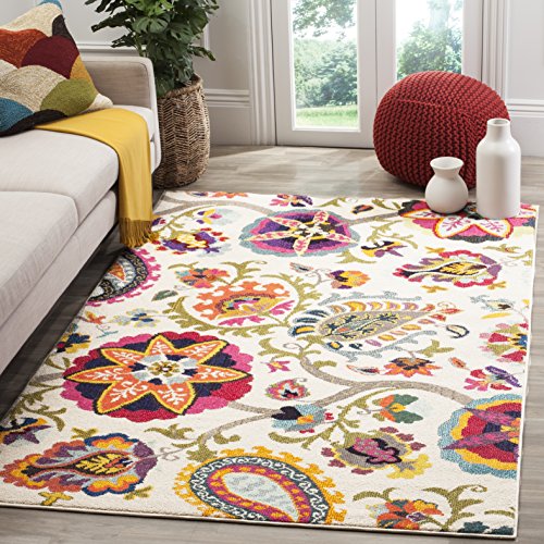 Safavieh Boho Rug for Living Room, Dining Room, Bedroom - Monaco Collection, Short Pile, in Ivory and Multi, 120 x 120 cm