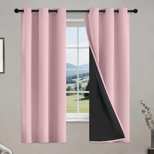COSVIYA 100% Pink Blackout Curtains for Kids Room 63 Inches Length - Room Darkening Light Blocking Drapes for Bedroom, Grommet Thermal Insulated Window Panels with Black Liner, W40xL63,2 Panels