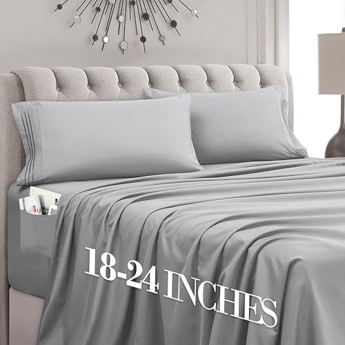 Mocassi King Size 4-Piece Bed Sheet Set - 1800 Premium Hotel Quality Microfiber 18-24 Inches Extra Deep Pocket Fitted Sheet- Luxury Soft, Breathable, Wrinkle, and Fade Resistant, Silver
