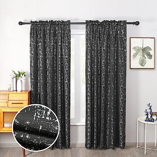 "Taisier Home Silver Foil Print Linen Textured Curtains - Geometric Dots Pattern Design for Bedroom & Living Room - Thermal Insulated Window Treatment, 2 Panels, 95"" L, Black & Silver"