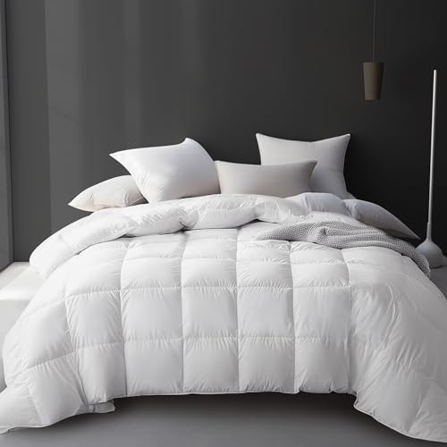 Hotel Grand Luxury White Goose Feather Down Fiber Comforter Full Queen Size, 100% Cotton All Season Down Duvet Insert, Fluffy Medium Warmth Bedding Comforter with 8 Corner Loops, White 90x90 Inch