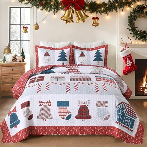 MarCielo Cozy Holiday Bedspread Set 3 Pcs, Christmas Quilt Reversible with Festive Forest Motifs, Winter Wonderland Bedroom Decor