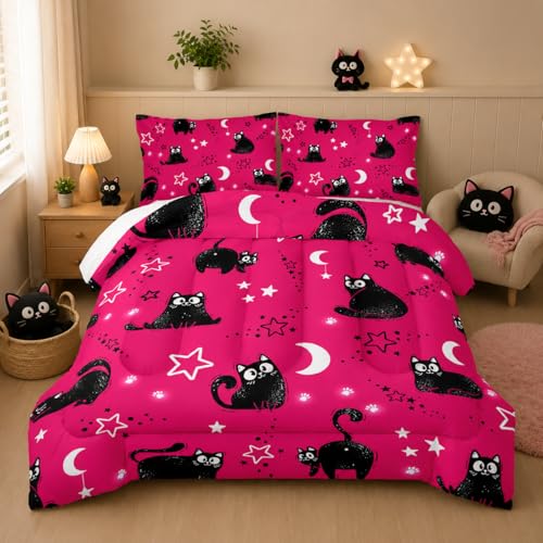 Nttopship Cute Cartoon Cat Comforter Twin Size,Black Cats Moon Night Starry Sky Quilt Set for Girls Boys Teens Animals Print Room Decor Soft Microfiber Comforter and 2 Pillowcases