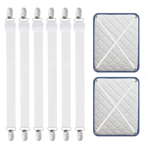 Carehabi Bed Sheet Clips, 55-250 cm Adjustable Bed Sheet Tensioners, Pack of 6, White Elastic Bed Sheet Straps for Bedding, Bed Sheet, Mattress, Ironing Board or Sofa