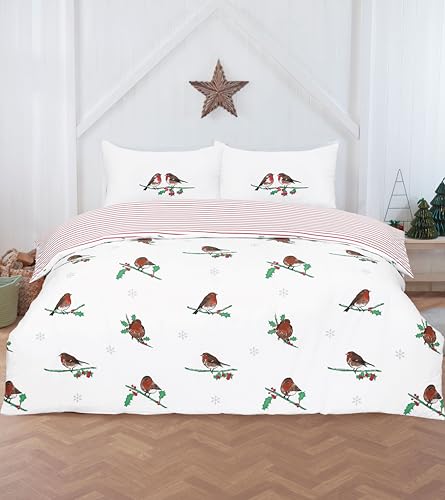 Rapport Home Single Robin on Holly Christmas Duvet Cover Set - Reversible Festive Microfibre Bedding - One Matching Pillowcase - Easy Care Durable - White Peach