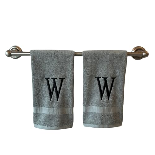 Gray with Black Monogrammed Hand Towels for Bathroom - Set of 2 Letter W - Luxury Hotel Quality Initial Towels For Powder Room, Spa, GOTS Organic Certified