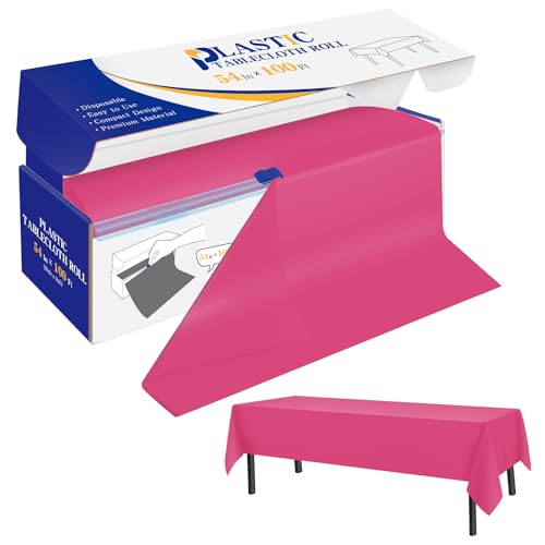 YSYJ Plastic Table Cover Roll Hot Pink Disposable Table Cloth 54 in x 100 Ft, Plastic Table Cloths with Slide Cutter Table Cover for Parties