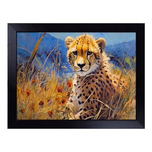 Lap Tray with Bean Bag Cushion, Cheetah Impressionism - Handmade in the UK, Raised Wooden Edge, Padded Cushion, Heat-Resistant Wipe-Clean Surface, for Meals, Laptops and Crafts