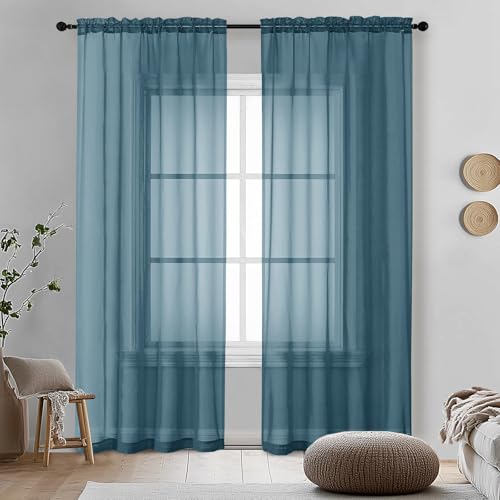 "OVZME 2 Pieces Dusty Blue Sheer Curtains 84 inches Long-Lightweight Soft Window Treatment Panels for Master Room/Living Room, 2 Panels=84"" W, Each W42 x L84"