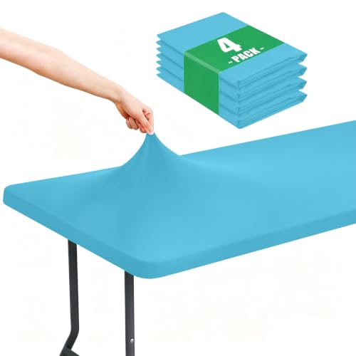 "Moosfor Spandex 8 Foot Rectangle Table Cloth 4 Pack, Elastic Fitted Tablecloths for Picnic, Stretch Washable Patio Table Cover for Outdoor, Camping, Banquet and Parties (Blue Mist, 30""x96"")"