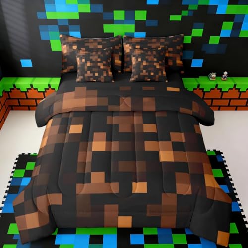jejeloiu Pixelated Brown Black Queen Size Comforter Set with Sheets???Pillowcases & Cushion Cover 7 Piece Bedding Set Super Soft Kids Girls Boys Bedroom Decor Gamepad Grid Bed in a Bag
