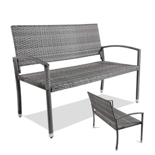 Clevich Rattan Garden Bench, 2 Seater Wicker Patio Bench with Curved Backrest Armrests, Adjustable Feet, Weatherproof PE, 320kg Capacity for Indoor/Outdoor/Balcony/Terrace, Double-Sided Rattan, Grey