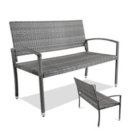 Clevich Rattan Garden Bench, 2 Seater Wicker Patio Bench with Curved Backrest Armrests, Adjustable Feet, Weatherproof PE, 320kg Capacity for Indoor/Outdoor/Balcony/Terrace, Double-Sided Rattan, Grey