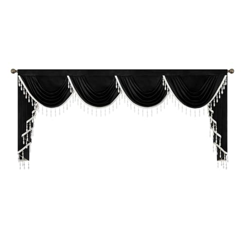 VOGOL Super Wide European Style Valances, 110 Inches Wide Waterfall Valance Curtain for Living Dining Room, 1 Panel Soft Touch Velvet Window Treatment for Kitchen, Black