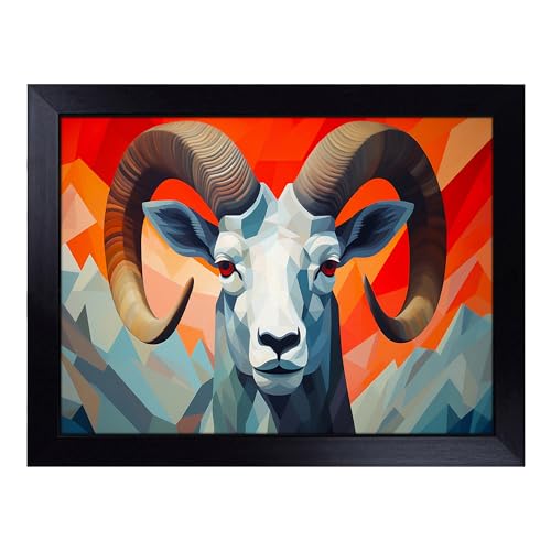 Lap Tray with Bean Bag Cushion, Ram Sheep Art Deco - Handmade in the UK, Raised Wooden Edge, Padded Cushion, Heat-Resistant Wipe-Clean Surface, for Meals, Laptops and Crafts