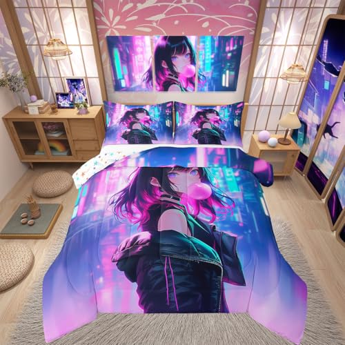 Erosebridal Anime Girl Comforter Set Full Size, Kawaii Japanese Anime Quilt for Kids Boys Teens Adult, Cartoon Manga Girl Bedding Set Japan Animation Bedroom Decor, Machine Washable, Lightweight