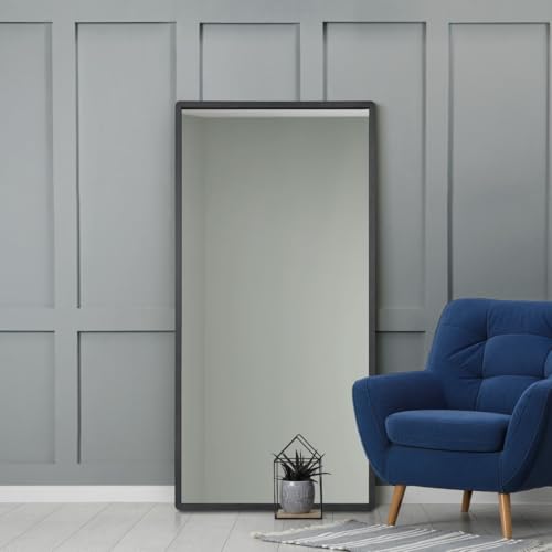 "MirrorOutlet The Naturalis - Solid Black Oak Rounded Corners Modern Leaner Wall Mirror 63"" X 31"" (160CM X 80CM) 48m deep frame Premium Mirror Glass with Black Backing. Scandinavian Inspired!"