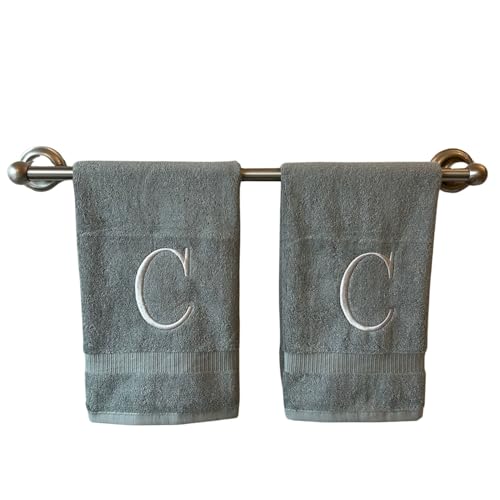 Gray with Silver Monogrammed Hand Towels for Bathroom - Set of 2 Letter C - Luxury Hotel Quality Initial Towels For Powder Room, Spa, GOTS Organic Certified
