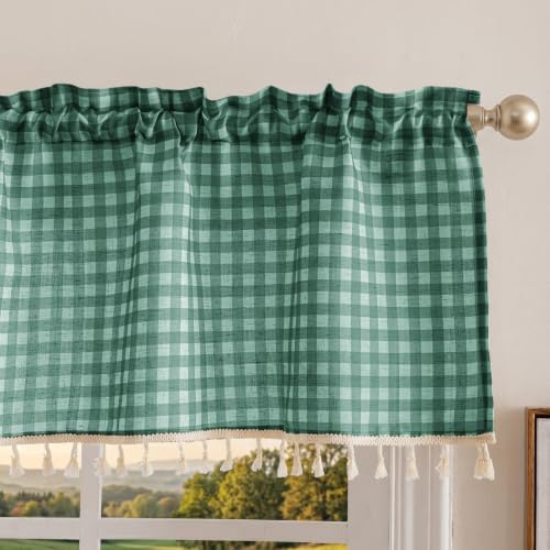Jilron Farmhouse Gingham Curtains - Easy Install Kitchen Window Curtains Over Sink, Single Linen Curtains Valance for Privacy & Decoration-Dark Green(W 52*L 18in-1-Panel)