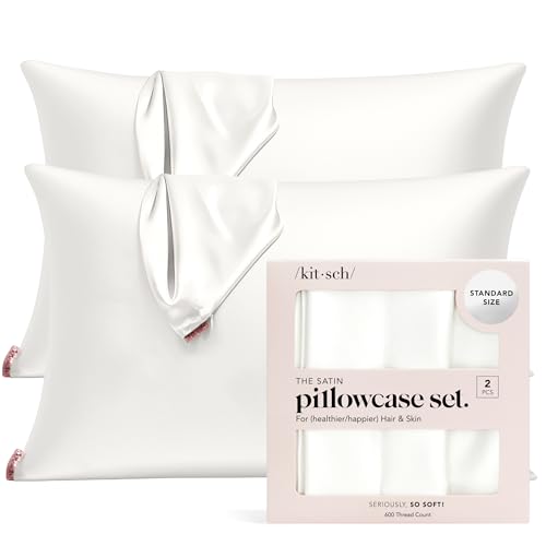 Kitsch 100% Satin Pillowcase with Zipper, Softer Than Silk Pillowcase for Hair & Skin, Cooling Pillow case, Satin Pillow Case Cover (Standard/Queen (2 Pack), Ivory)