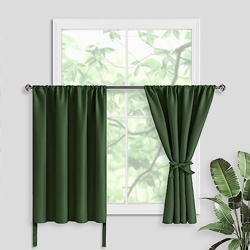 "JIUZHEN Tier Curtains 36 Inch Length with 2 Tiebacks, Kitchen Half Window Privacy Curtain Tiers for Windows/Bathroom Shades, Thermal Insulated Room Darkeing Curtain 2 Panels, 42"" x 36"", Olive Green"