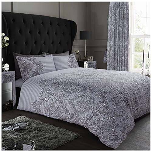 GC GAVENO CAVAILIA Luxurious Empire Damask Printed Cover, Easy Care Soft & Cosy Quilt Bedding, Polycotton, Grey, Single Duvet Set