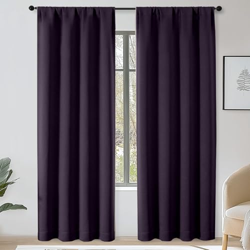 OWENIE Sally Blackout Curtains for Bedroom 63 Inch Length 2 Panels Set, Solid Thermal Insulated Room Darkening Rod Pocket Window Treatment Curtains Blackout Drapes, W40 x L84 Inch, Dark Purple