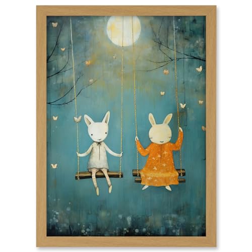 Artery8 Rabbits on a Swing with Moonlit Butterflies Calming Baby Nursery Artwork Framed A3 Wall Art Print