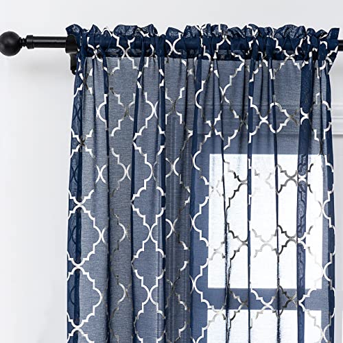 Kotile Navy Blue Moroccan Curtains for Bedroom - Metallic Silver Foil Lattice Pattern Geometric Sheer Drapes Rod Pocket Window Treatment Curtain Panel 63 Inch Length, 52 x 63 Inches, 2 Panels, Navy