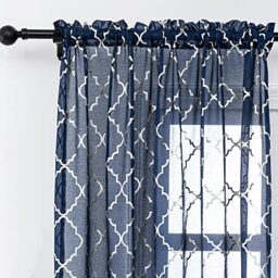 Kotile Navy Blue Moroccan Curtains for Bedroom - Metallic Silver Foil Lattice Pattern Geometric Sheer Drapes Rod Pocket Window Treatment Curtain Panel 63 Inch Length, 52 x 63 Inches, 2 Panels, Navy