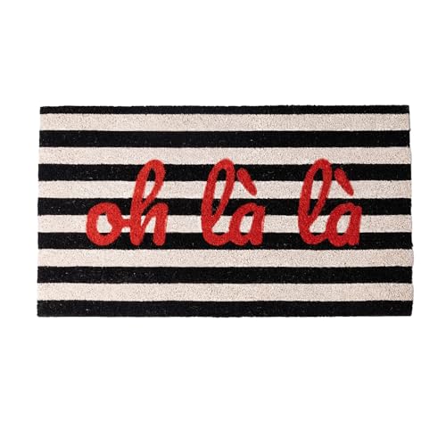 "fisura. – ""oh là àà entrance mat in coconut fibre with non-slip PVC base. Original black and white striped rug hand painted. Dimensions: 70 cm x 40 cm."