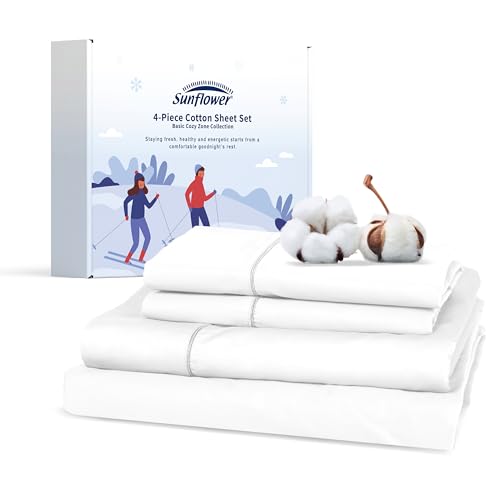 "sunflower 4 Piece Queen Sheets Deep Pocket, 100% Cotton Sheet Set, 16"" Deep Pocket Queen Bed Sheets Queen, Cotton Sheets Soft&Breathable with Silver Trim, White"
