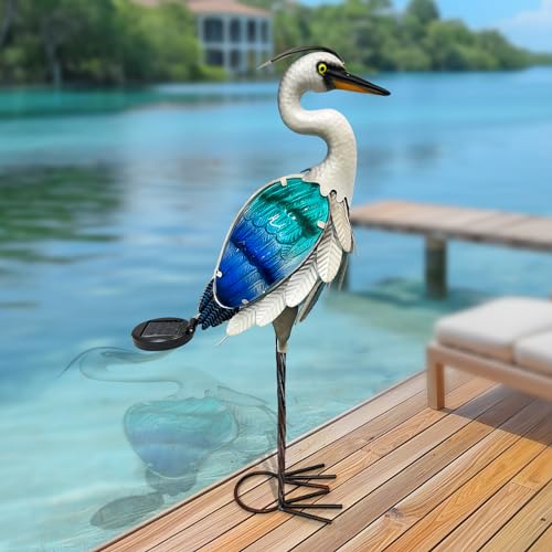 HONGLAND Solar Metal Crane Statue Garden Heron Sculpture, Glass Outdoor Heron Yard Art Coastal Ocean Bird Decor Lawn Ornament for Backyard Porch Patio Decor???24 Inch???