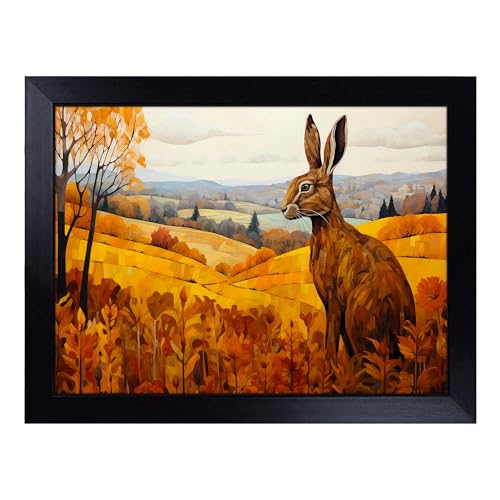 Lap Tray with Bean Bag Cushion, Hare Landscape - Handmade in the UK, Raised Wooden Edge, Padded Cushion, Heat-Resistant Wipe-Clean Surface, for Meals, Laptops and Crafts