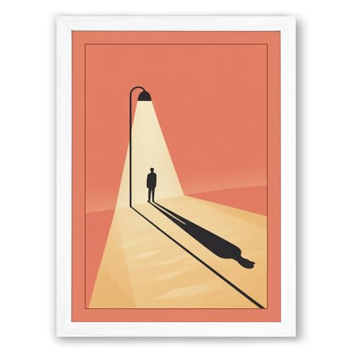 Figure Under Lamplight Modern Framed Wall Art Print A3 (42×29.7cm) White, Wall Decor for Living Room, Bedroom, Office & Home, Ready to Hang, Art Gift
