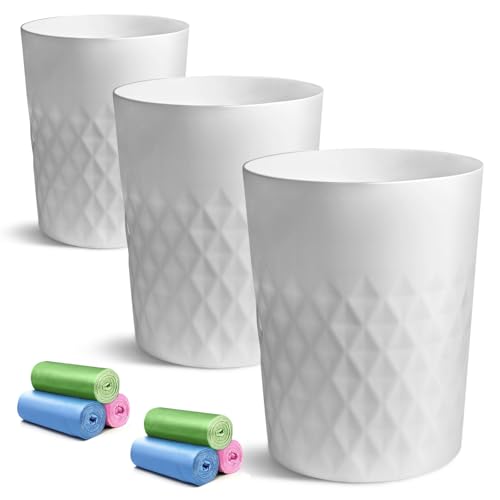 YGJT Bathroom Trash Can, 3 Pack 1.8 Gallons Small Trash Can with Trash Bags - Slim Waste Basket, Round Garbage Can, Plastic Trash Bin for Kitchen, Dorm, Bedroom, Office, Living Room-Compact Spaces(White)