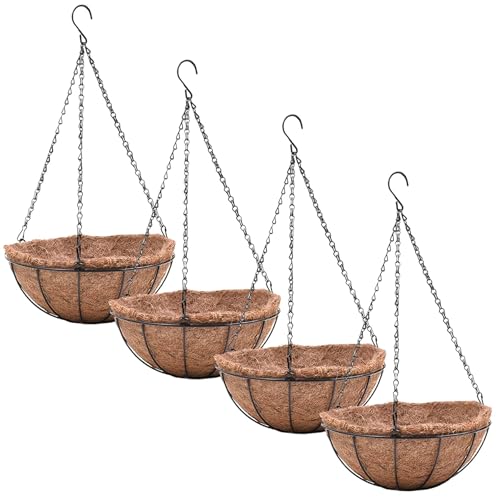 LUCCK 4 Pack Mental Hanging Planter Basket Outdoor Large Hanging Flower Pots Indoor 12 inch with Coco Coir Liner Round Wire Plant Holder Chain Hanging Basket Garden for Home Decor Balcony Office