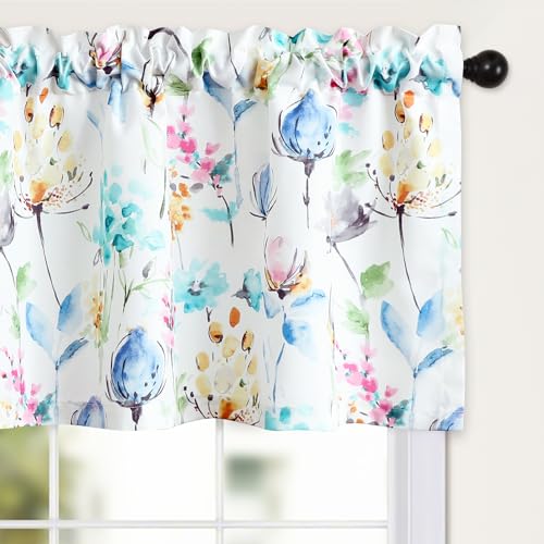 Leeva Farmhouse Style Valances for Windows, Watercolor Flower Print Valance Curtains for Living Room Kitchen, 1 Piece, 52 x 18, Rod Pocket