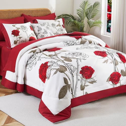 EVENHUG King Comforter Set 7 Pieces Reversible King Size Comforters for All Season Red Rose Floral Bedding Sets Bed in a Bag with Flat Sheet and Fitted Sheet,Pillowcases & Shams