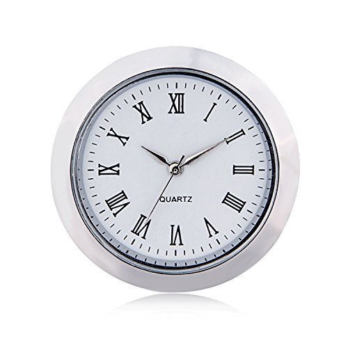 "ShoppeWatch Mini Clock Insert Quartz Movement Round 1 7/16"" (35mm) Miniature Clock Fit Up White Face Silver Tone Bezel Roman Numerals CK-097"