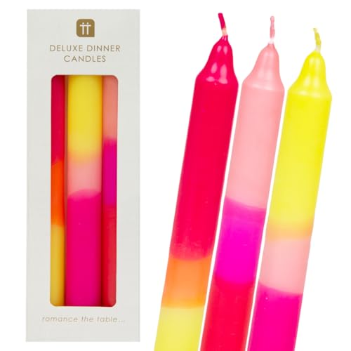 Talking Tables 3 x Ombre Tapered Dinner Candles Unscented Neon Pink Orange Yellow Marble Sherbet Design - Perfect Table Centrepiece - 20cm
