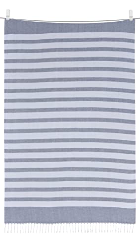 Sleepdown 100% Cotton Striped Tasseled Beach Towel Soft Absorbent Swimming Pool Travel Camping Bath Sauna Gym Yoga with Bag - White Blue - (80 x 165cm),5056242898535