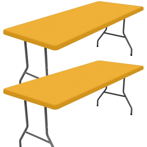 "Moosfor Spandex 6 Foot Rectangle Table Cloth 2 Pack, Elastic Fitted Tablecloths for Picnic, Stretch Washable Patio Table Cover for Outdoor, Camping, Banquet and Parties (Mustard Yellow, 30""x72"")"