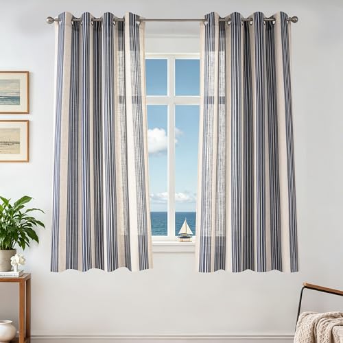 DriftAway Farmhouse Vertical Striped Linen Blend Textured Light Filtering Semi Sheer Curtains for Living Room Bedroom 54 Inches Long Drapes 2 Panels Broad Striped Dark Navy