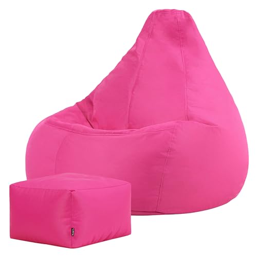 Bean Bag Bazaar Dalton Outdoor Bean Bag and Footstool, Pink, Garden Chair and Footstool, Water Resistant Fabric, Gaming Beanbag with Filling Included, Garden Seat, Outdoor Seating