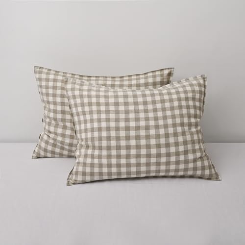CHUFFED 100% French Linen Pillow Cases Standrad Size Set of 2, Stone Washed Flax Pillow Shams with Zipper Closure - Breathable & Cooling for Hot Sleepers,20x26 Inches,Linen Plaid