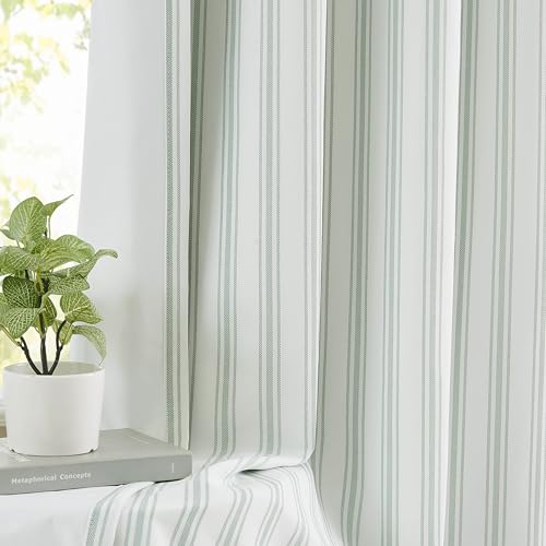 ZJDECOR 72 Inch Green White Striped Full Blackout Curtain Panels - Stripe on White Cotton Blended Fabric,Room Darkening Window Treatment for Bedroom Living Room,Back Tabs Rod Pocket