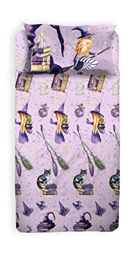 hermet Witch Single Bed Sheet Set, Single Bedroom, Complete Bed, Top Sheet, Fitted Sheet, Pillowcase, 100% Cotton, Official Product