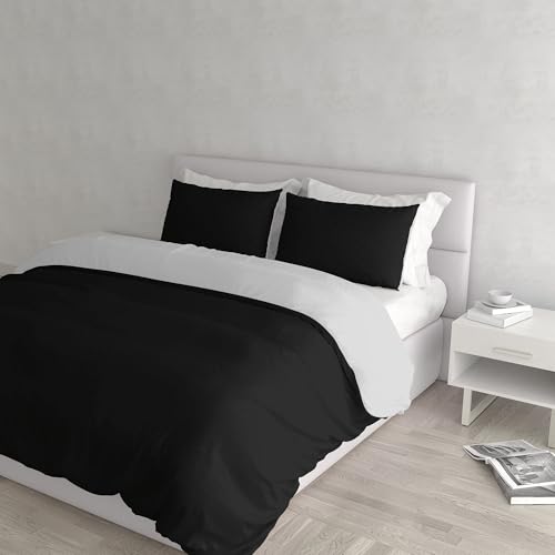 Italian Bed Linen Natural Color Duvet Cover Set with Doubleface Solid Colour Bag Sheet and Pillowcase, Black/Light Gray, double